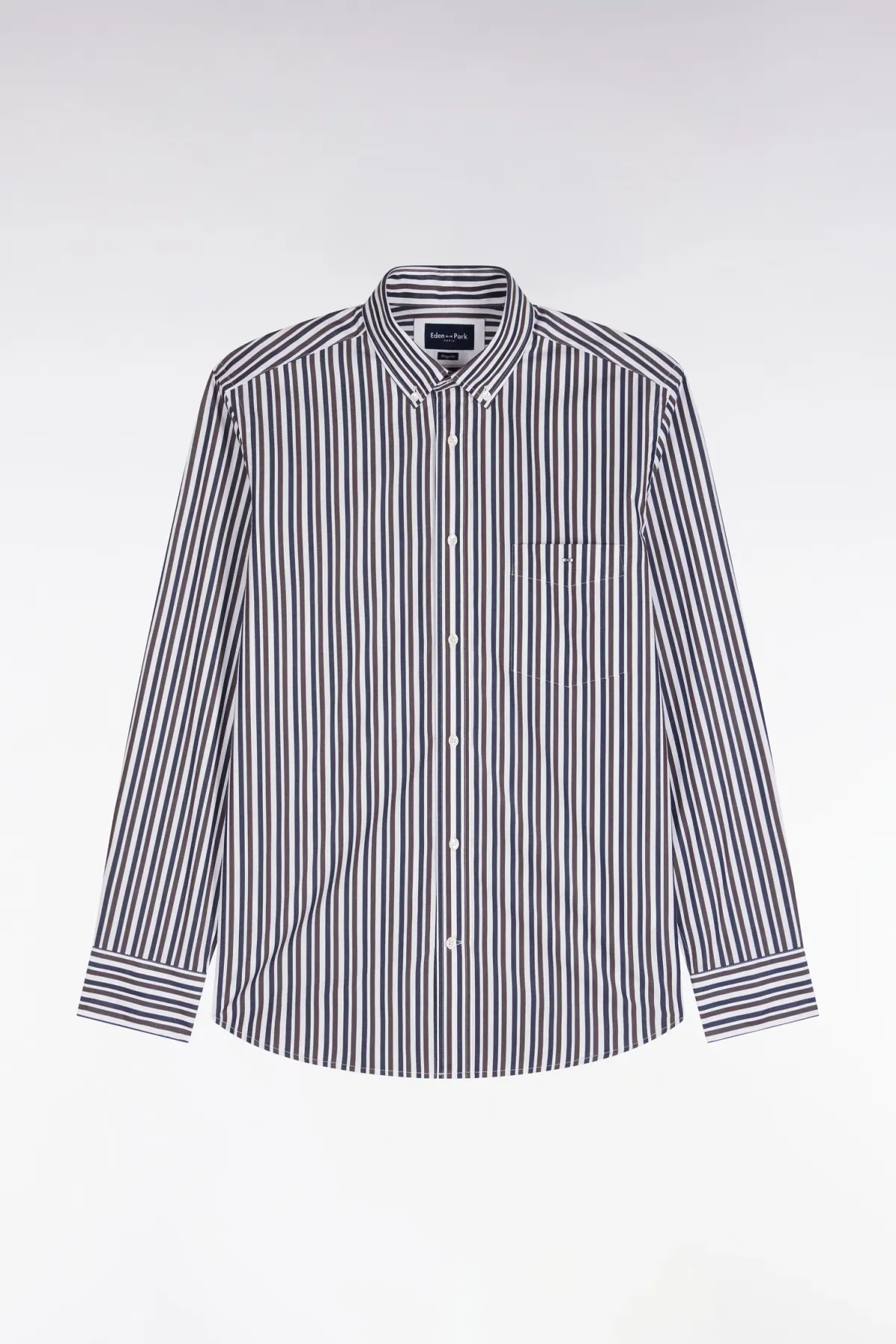 Chemise en popeline de coton à rayures marron coupe droite