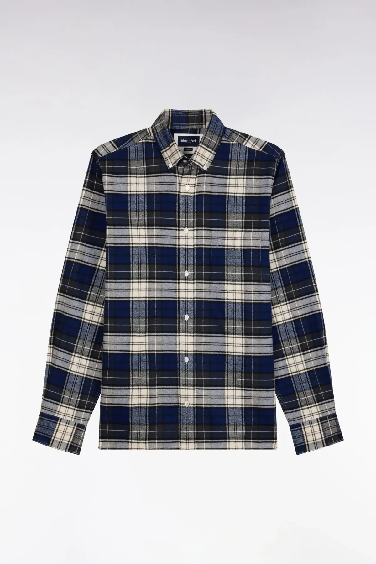Chemise à carreaux en coton vert et marine coupe droite