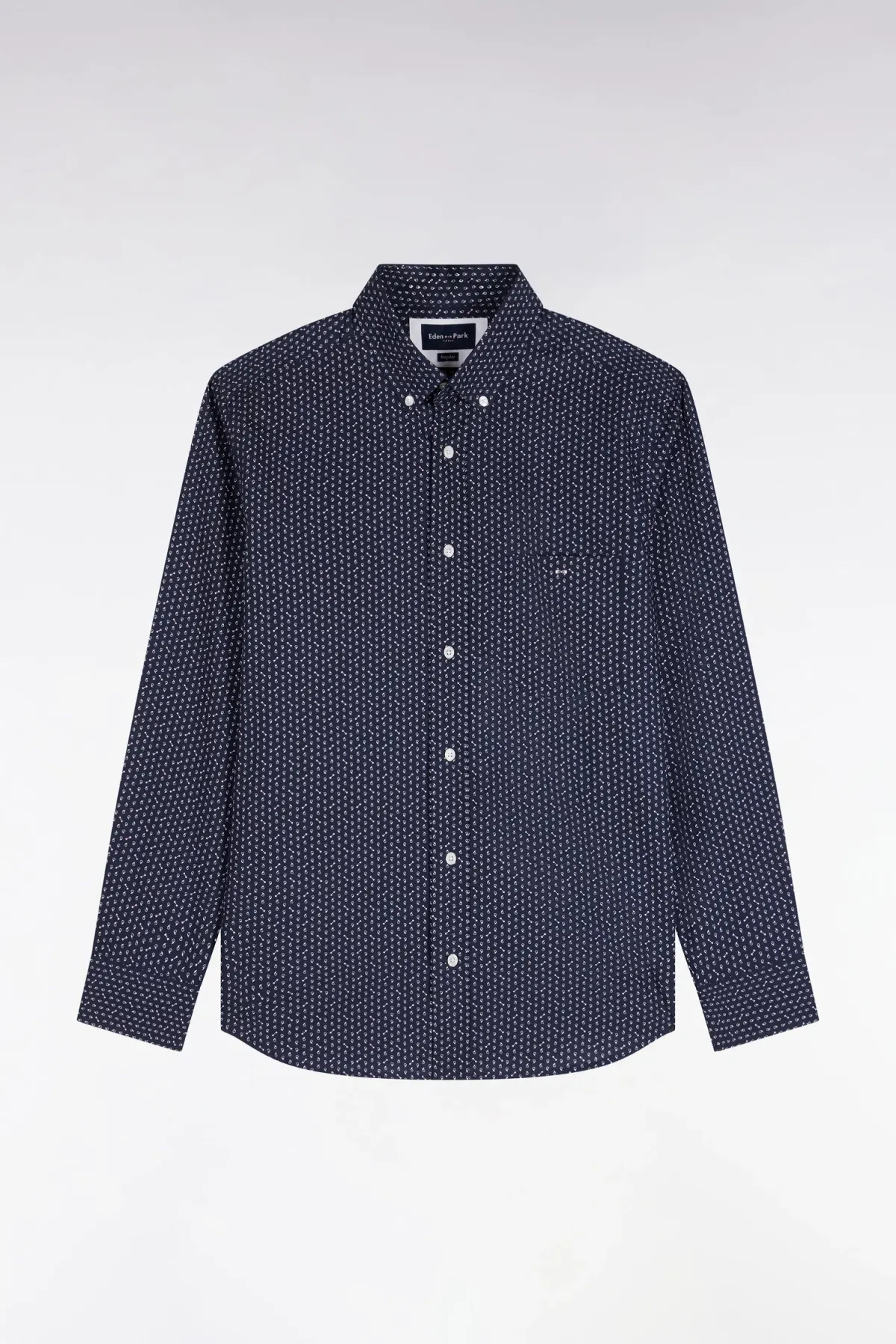 Chemise en popeline de coton marine à micromotifs roses coupe droite
